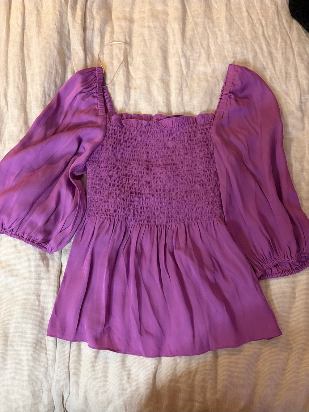 Trina Turk Lilac Smocked Puff-Sleeve Tunic Top
